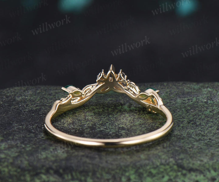 Celtic knot leaf diamond emerald wedding band solid 14k yellow gold stacking matching bridal anniversary ring gift Norse Viking Jewelry