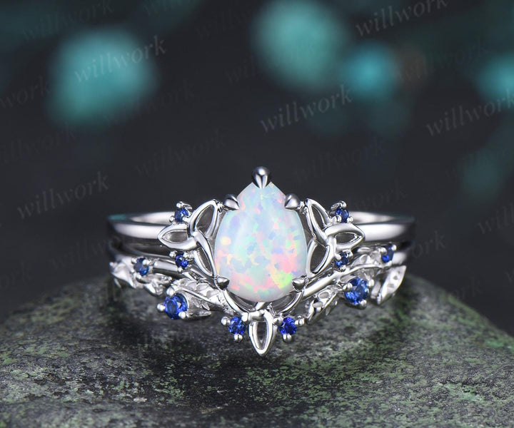 Pear shaped white opal ring vintage celtic knot unique engagement ring leaf sapphire bridal anniversary ring set jewelry gift for women