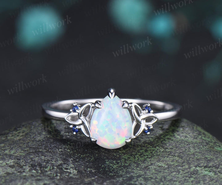 Pear shaped white opal ring vintage celtic knot unique engagement ring leaf sapphire bridal anniversary ring set jewelry gift for women