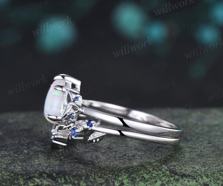 Pear shaped white opal ring vintage celtic knot unique engagement ring leaf sapphire bridal anniversary ring set jewelry gift for women