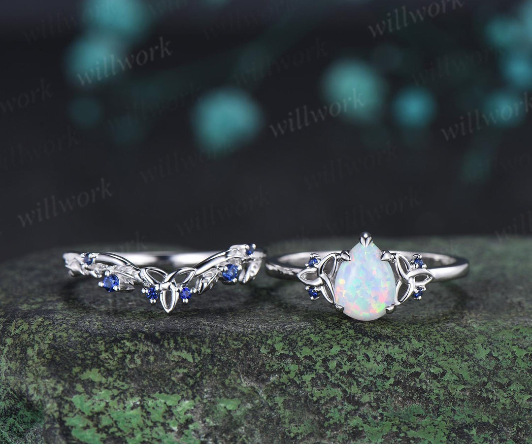Pear shaped white opal ring vintage celtic knot unique engagement ring leaf sapphire bridal anniversary ring set jewelry gift for women