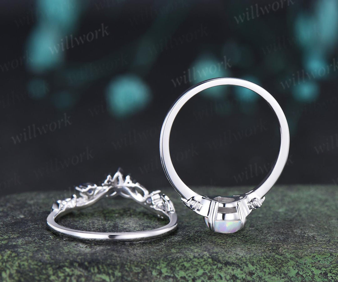 Pear shaped white opal ring vintage celtic knot unique engagement ring leaf sapphire bridal anniversary ring set jewelry gift for women