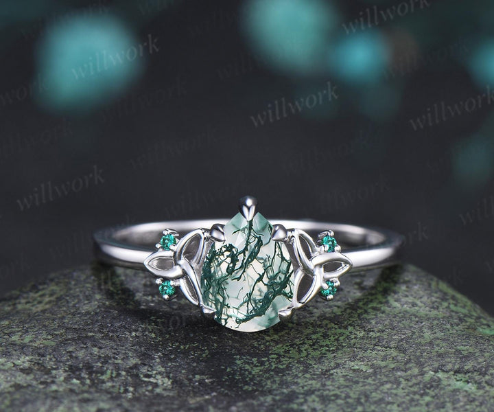 Pear shaped moss agate ring vintage celtic knot unique engagement ring leaf emerald bridal anniversary ring set jewelry gift for women