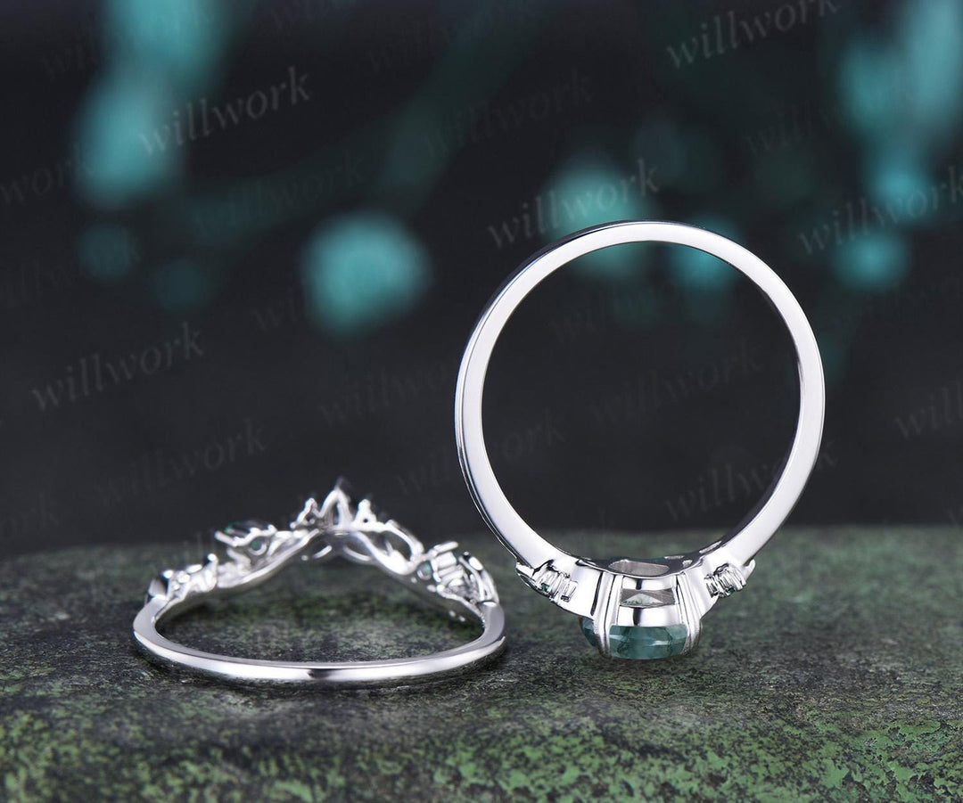 Pear shaped moss agate ring vintage celtic knot unique engagement ring leaf emerald bridal anniversary ring set jewelry gift for women