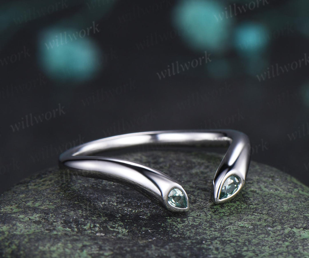 Open gap bezel pear green sapphire wedding band solid 14k white gold stacking bridal ring women silver