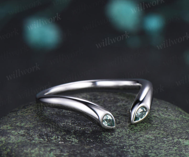 Open gap bezel pear green sapphire wedding band solid 14k white gold stacking bridal ring women silver