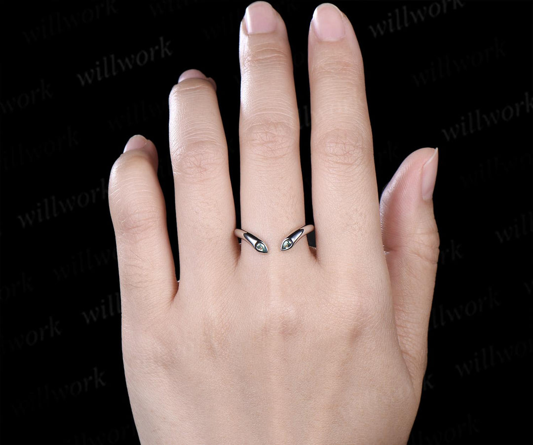 Open gap bezel pear green sapphire wedding band solid 14k white gold stacking bridal ring women silver