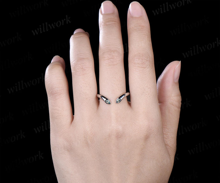 Open gap bezel pear green sapphire wedding band solid 14k white gold stacking bridal ring women silver