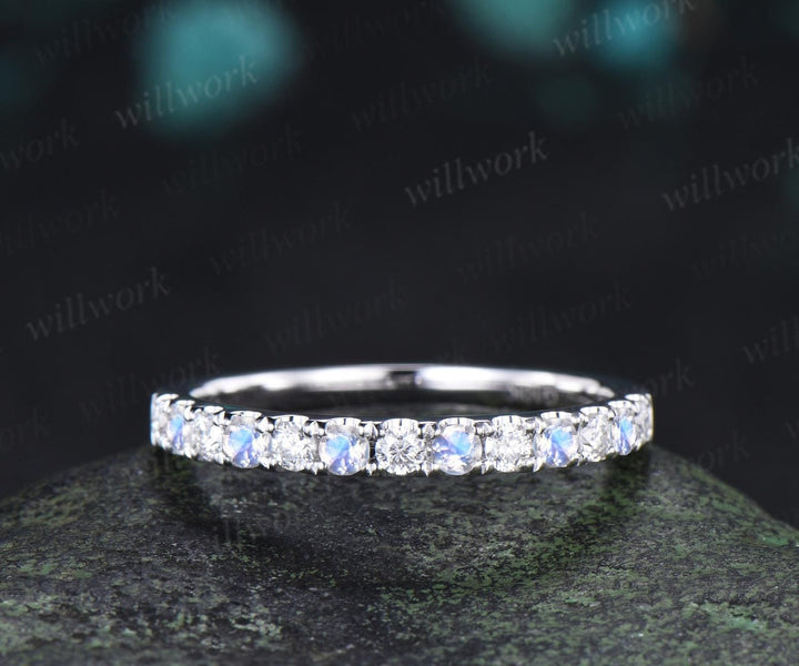 Round cut moonstone moissanite wedding band 14k white gold half eternity bridal ring women silver