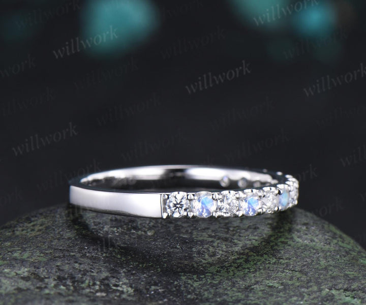 Round cut moonstone moissanite wedding band 14k white gold half eternity bridal ring women silver