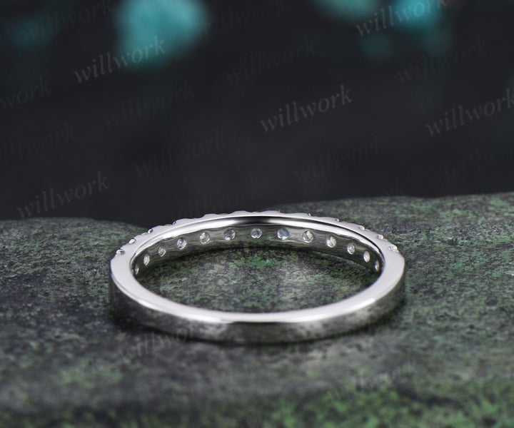 Round cut moonstone moissanite wedding band 14k white gold half eternity bridal ring women silver