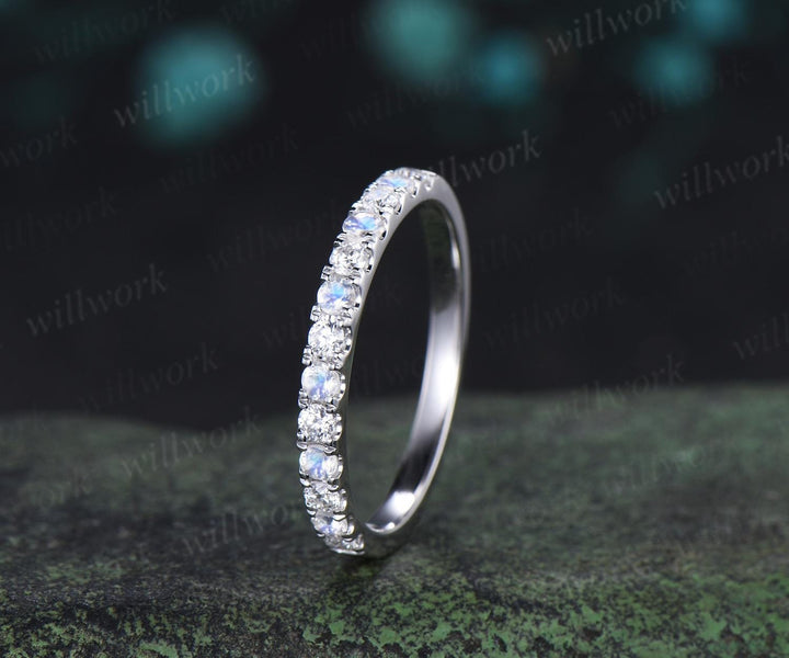 Round cut moonstone moissanite wedding band 14k white gold half eternity bridal ring women silver