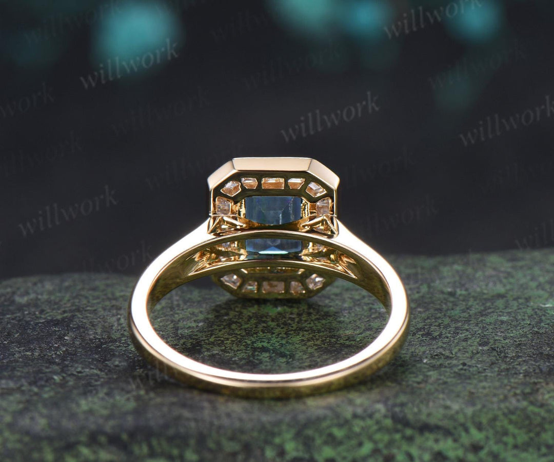 Emerald cut aquamarine engagement ring halo bezel baguette cut diamond wedding promise ring women 14k yellow gold jewelry