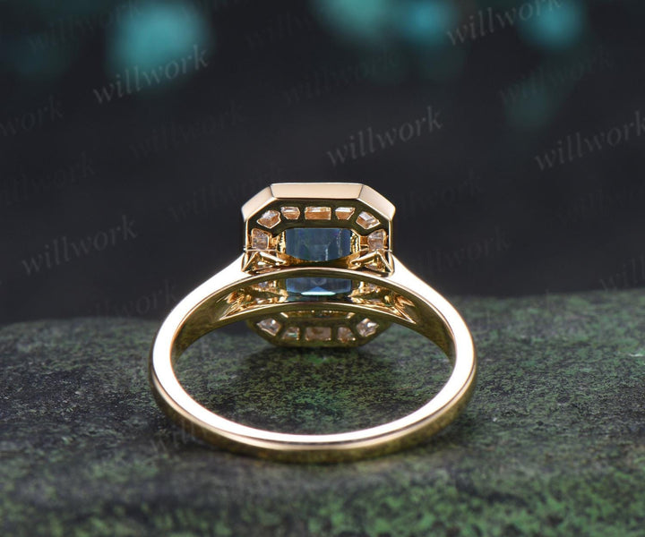 Emerald cut aquamarine engagement ring halo bezel baguette cut diamond wedding promise ring women 14k yellow gold jewelry