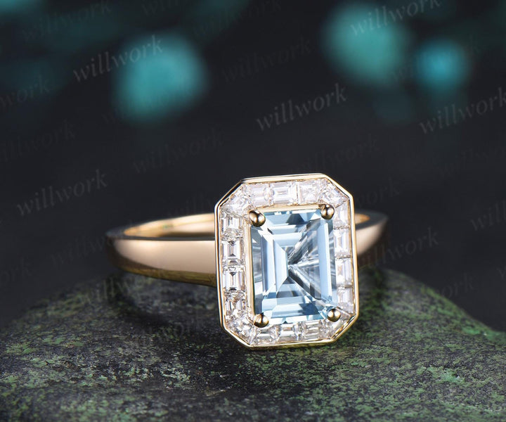 Emerald cut aquamarine engagement ring halo bezel baguette cut diamond wedding promise ring women 14k yellow gold jewelry