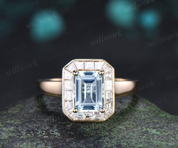 Emerald cut aquamarine engagement ring halo bezel baguette cut diamond wedding promise ring women 14k yellow gold jewelry