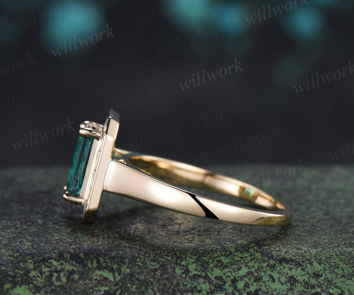 Emerald cut green emerald engagement ring halo bezel baguette cut diamond wedding promise ring jewelry 14k yellow gold women