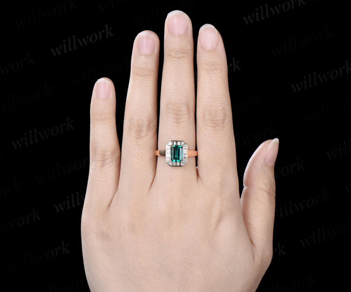 Emerald cut green emerald engagement ring halo bezel baguette cut diamond wedding promise ring jewelry 14k yellow gold women