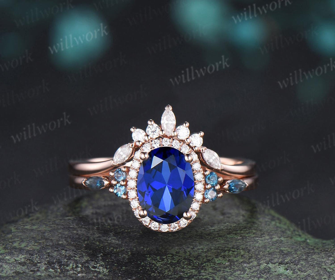 Oval cut sapphire ring 14k rose gold vintage halo engagement ring London blue topaz stacking bridal wedding ring set women jewelry