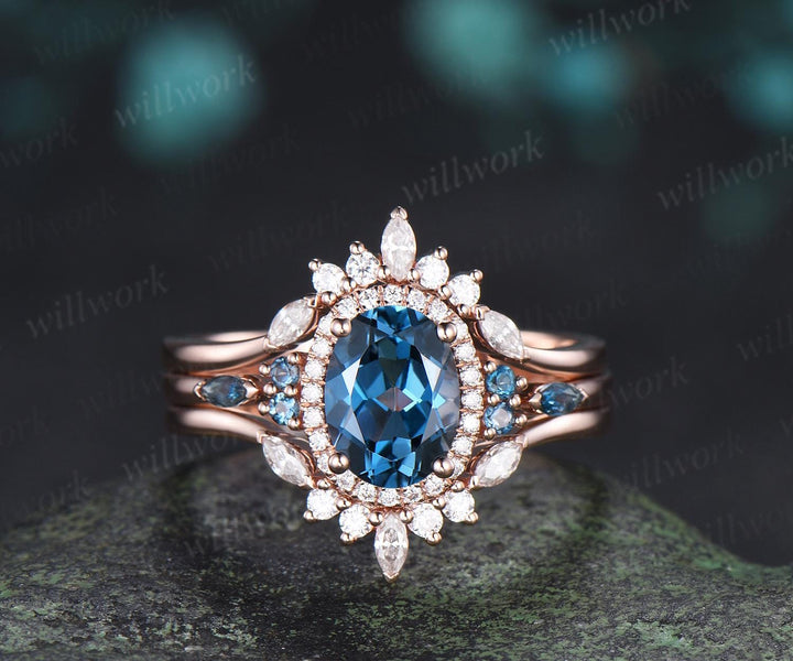 Oval cut London blue topaz ring rose gold vintage halo engagement ring moissanite stacking bridal wedding ring set women silver