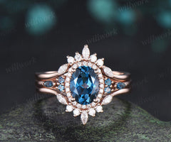 Oval cut London blue topaz ring rose gold vintage halo engagement ring moissanite stacking bridal wedding ring set women silver