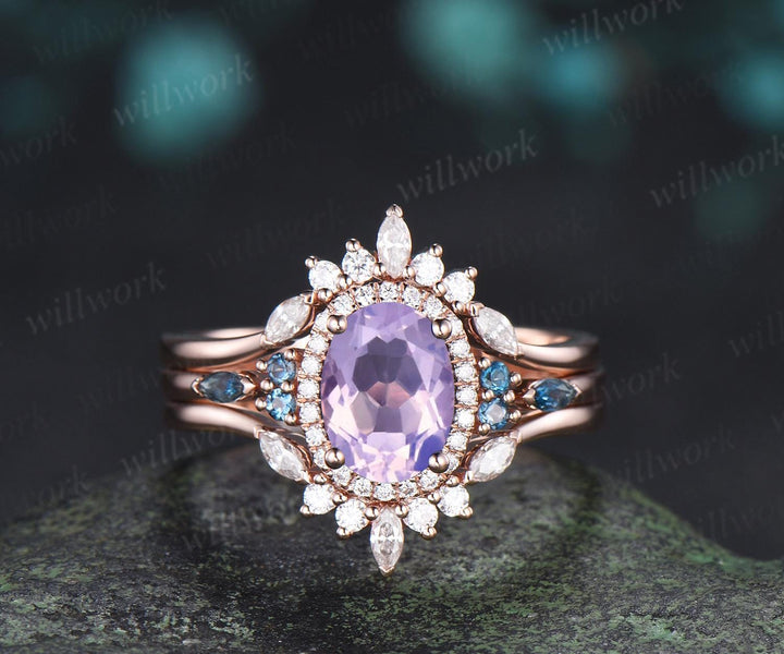 Oval cut Lavender amethyst ring 14k rose gold vintage halo engagement ring London blue topaz stacking bridal wedding ring set women silver
