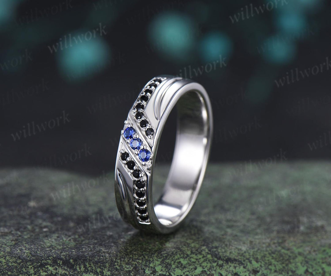 Unique mens sapphire wedding band 14k white gold black spinel mens handsome man rings matching band gift