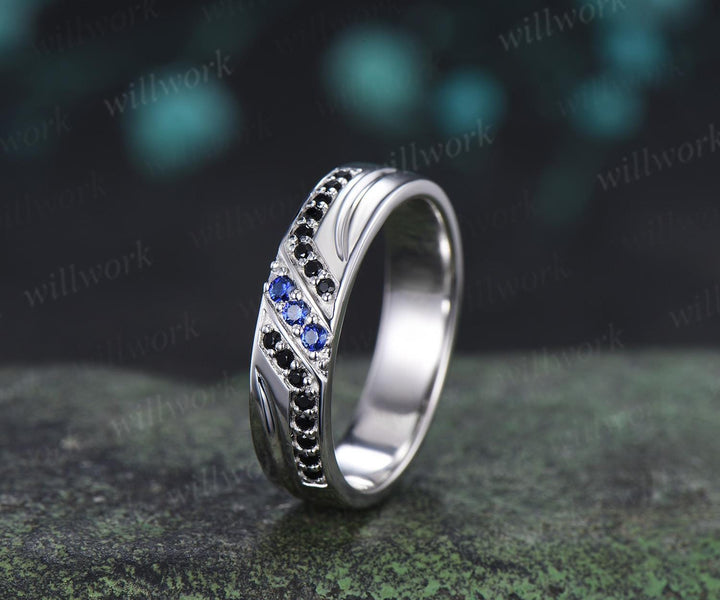 Unique mens sapphire wedding band 14k white gold black spinel mens handsome man rings matching band gift