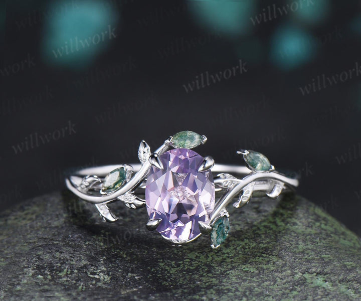 Oval cut Lavender Amethyst engagement ring 14k white gold leaf nature inspired moss agate half eternity purple amethyst bridal set women