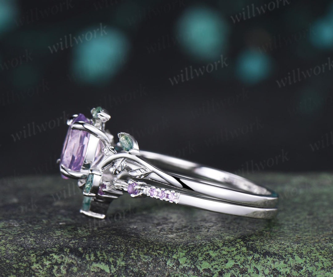Oval cut Lavender Amethyst engagement ring 14k white gold leaf nature inspired moss agate half eternity purple amethyst bridal set women
