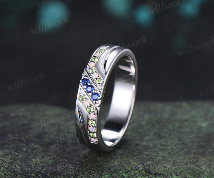 Unique mens sapphire wedding band 14k white gold opal peridot mens handsome man rings matching band gift
