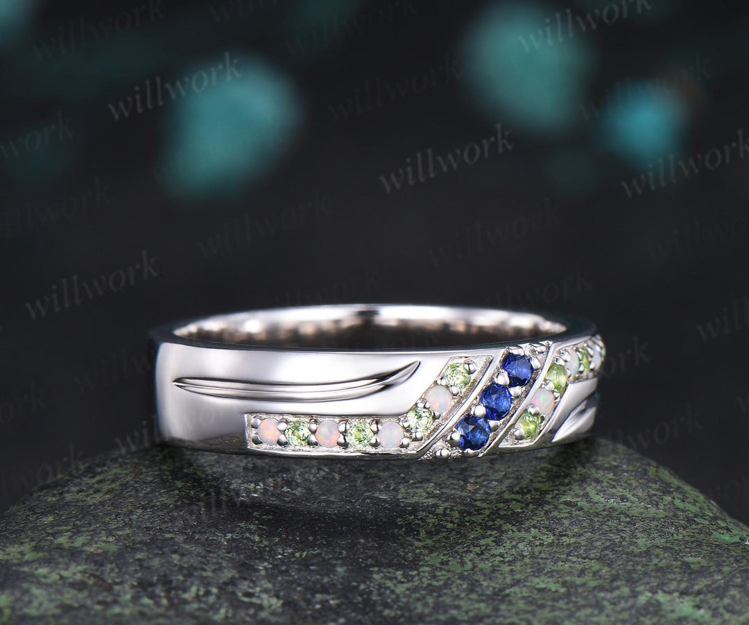 Unique mens sapphire wedding band 14k white gold opal peridot mens handsome man rings matching band gift