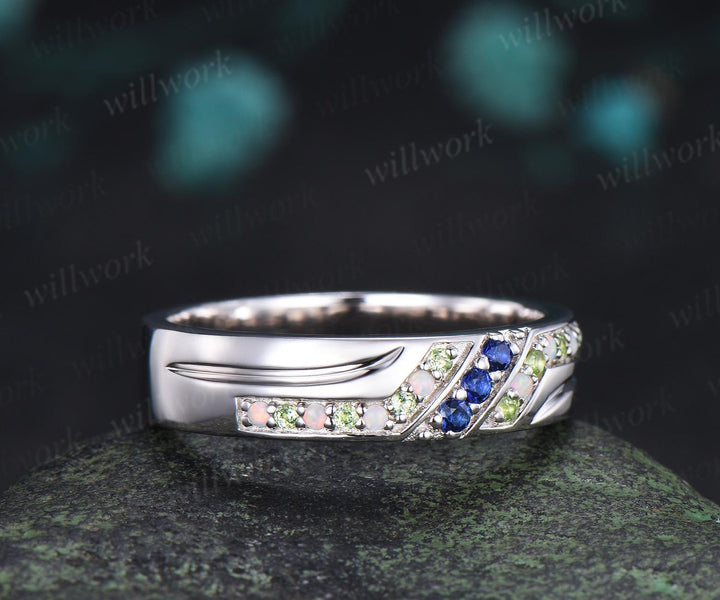 Unique mens sapphire wedding band 14k white gold opal peridot mens handsome man rings matching band gift