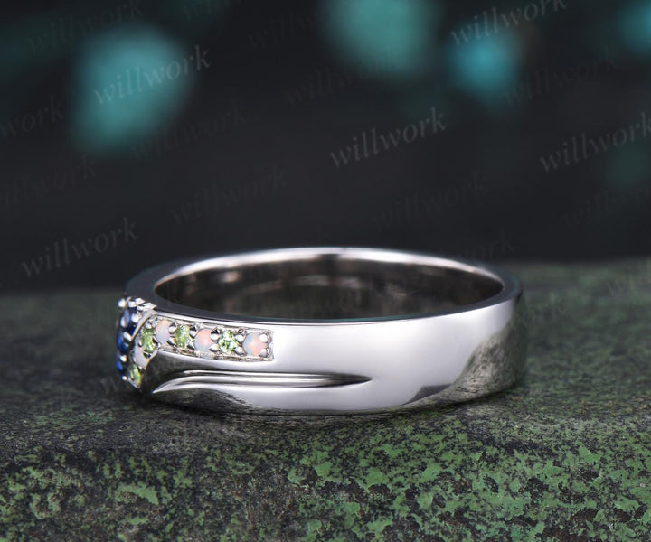Unique mens sapphire wedding band 14k white gold opal peridot mens handsome man rings matching band gift