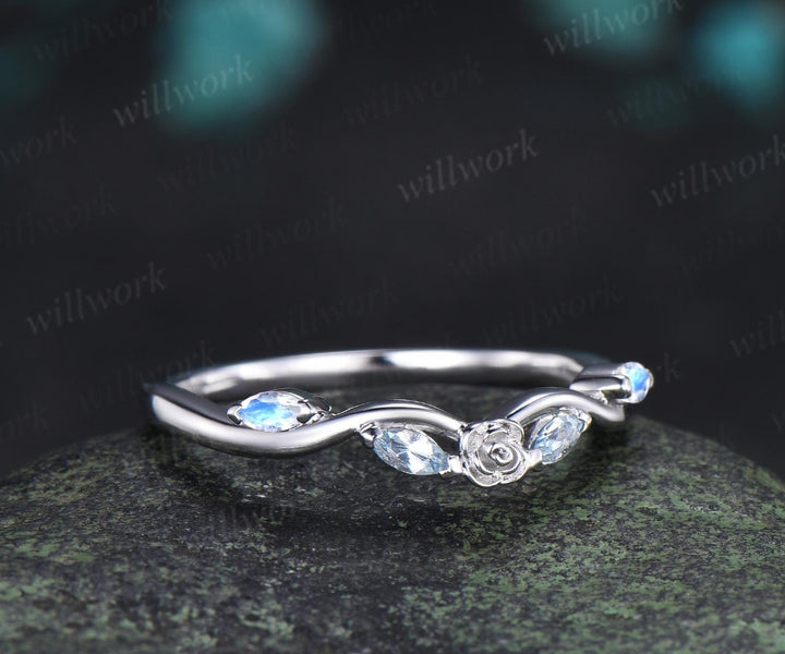 Curved Aquamarine moonstone wedding band floral women solid 14k white gold matching stacking five stone anniversary gift