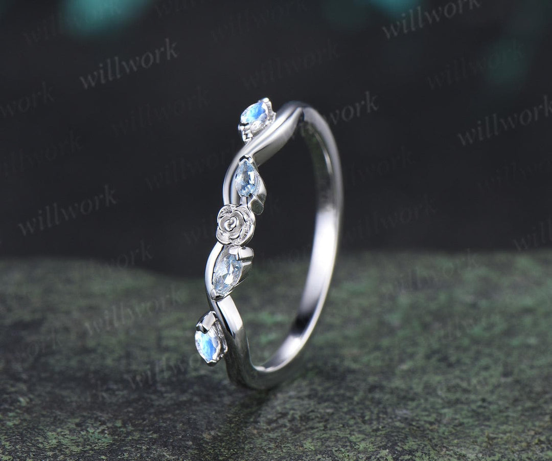 Curved Aquamarine moonstone wedding band floral women solid 14k white gold matching stacking five stone anniversary gift