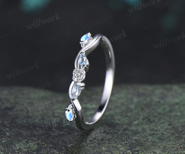 Curved Aquamarine moonstone wedding band floral women solid 14k white gold matching stacking five stone anniversary gift