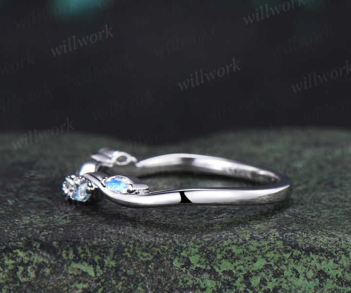 Curved Aquamarine moonstone wedding band floral women solid 14k white gold matching stacking five stone anniversary gift