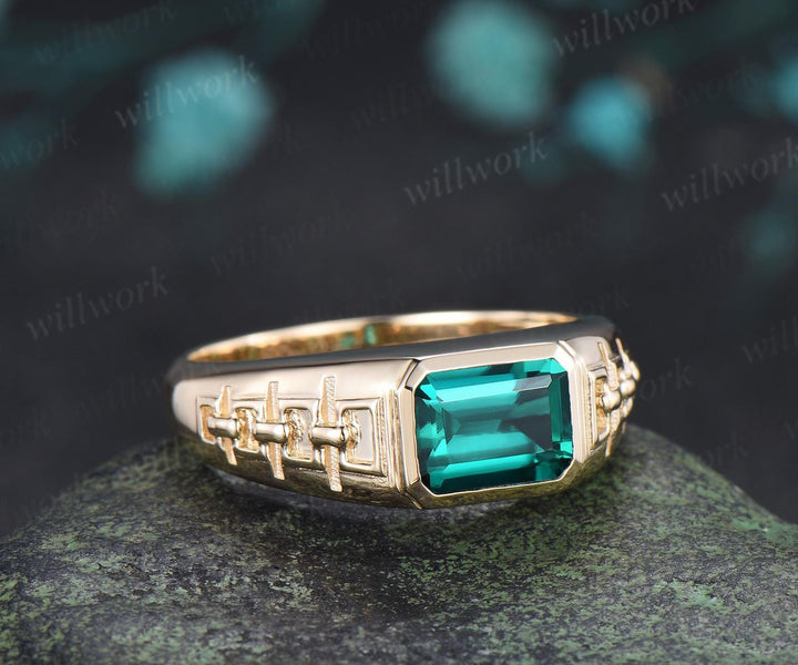 Bezel emerald cut emerald engagement ring mens vintage east to west solitaire solid 14k yellow gold wedding band men jewelry