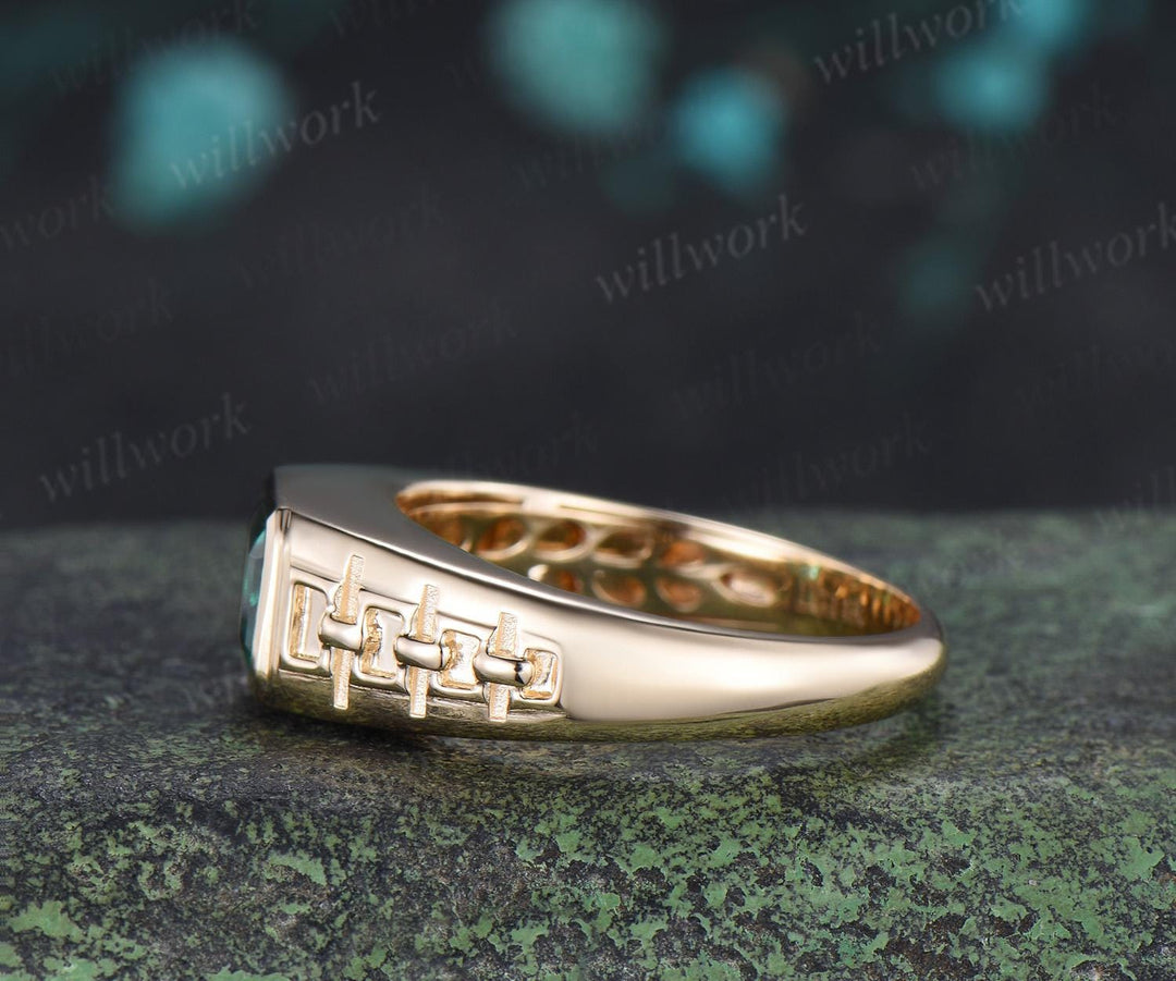 Bezel emerald cut emerald engagement ring mens vintage east to west solitaire solid 14k yellow gold wedding band men jewelry