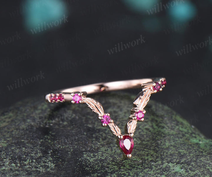 Leaf red ruby curved wedding band 14k rose gold eternity stacking bridal ring women gift