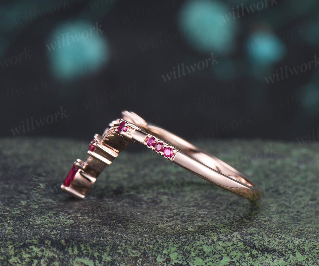 Leaf red ruby curved wedding band 14k rose gold eternity stacking bridal ring women gift