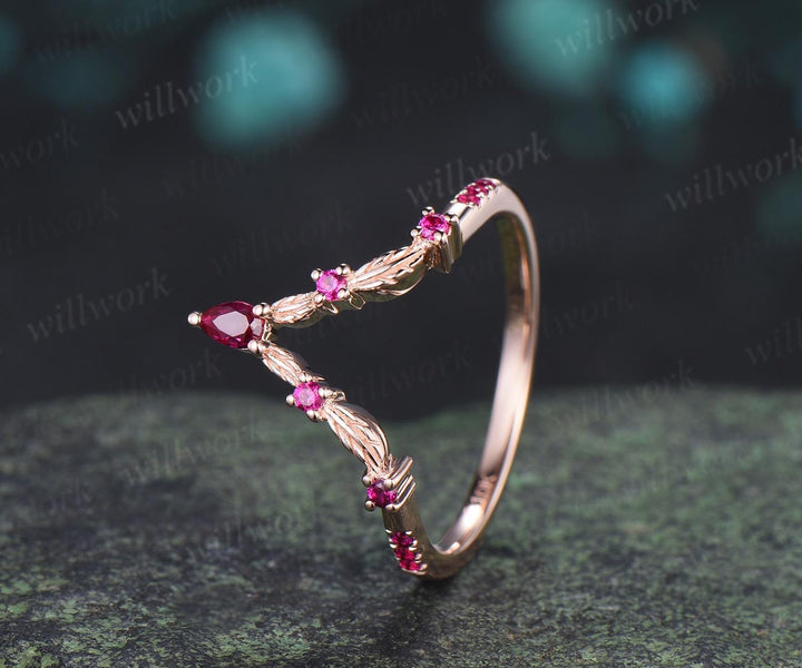 Leaf red ruby curved wedding band 14k rose gold eternity stacking bridal ring women gift