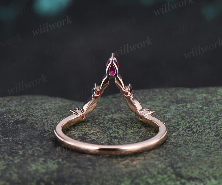 Leaf red ruby curved wedding band 14k rose gold eternity stacking bridal ring women gift