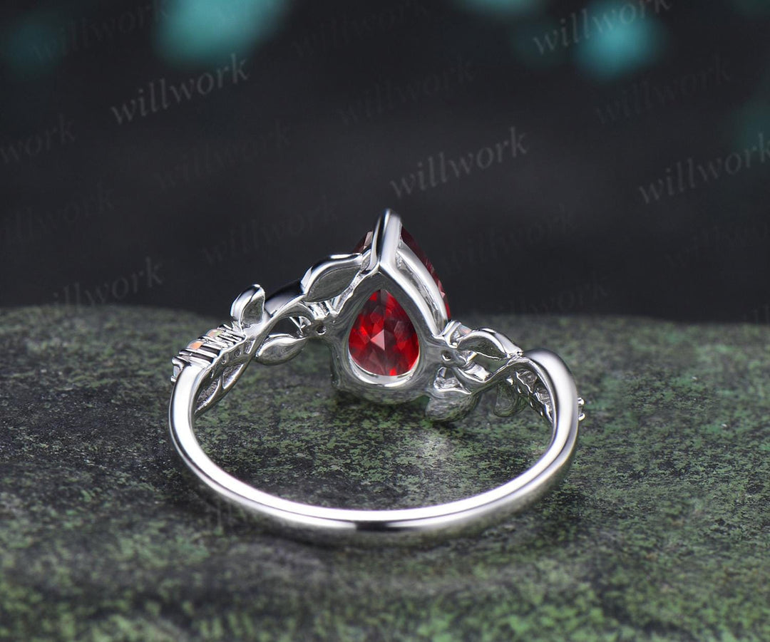 Pear shaped red ruby ring vintage white gold opal leaf engagement ring branch nature inspired promise wedding ring women silver