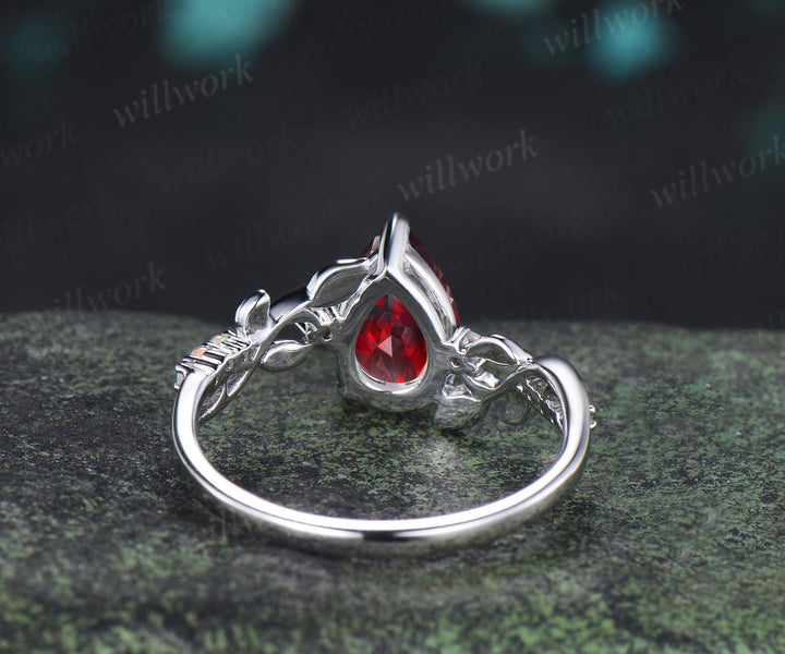 Pear shaped red ruby ring vintage white gold opal leaf engagement ring branch nature inspired promise wedding ring women silver