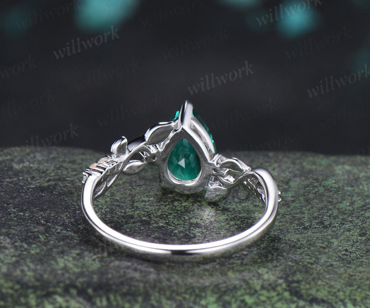 Pear shaped green emerald ring vintage white gold opal leaf engagement ring branch nature inspired promise wedding ring women silver
