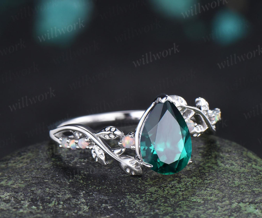 Pear shaped green emerald ring vintage white gold opal leaf engagement ring branch nature inspired promise wedding ring women silver