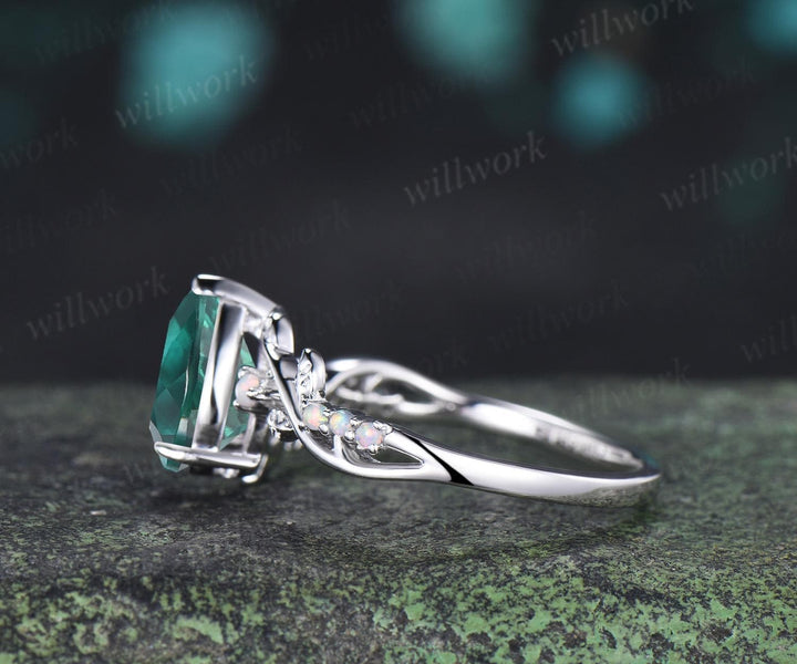 Pear shaped green emerald ring vintage white gold opal leaf engagement ring branch nature inspired promise wedding ring women silver