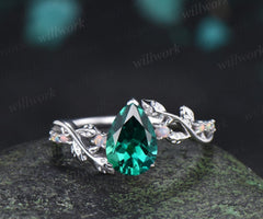 Pear shaped green emerald ring vintage white gold opal leaf engagement ring branch nature inspired promise wedding ring women silver